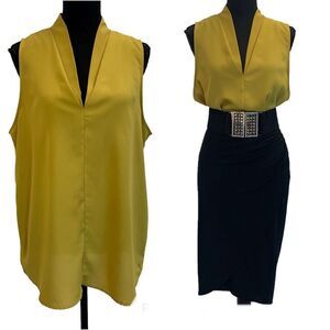 Pleione khaki mustard green sleeveless V neck blouse Sz L